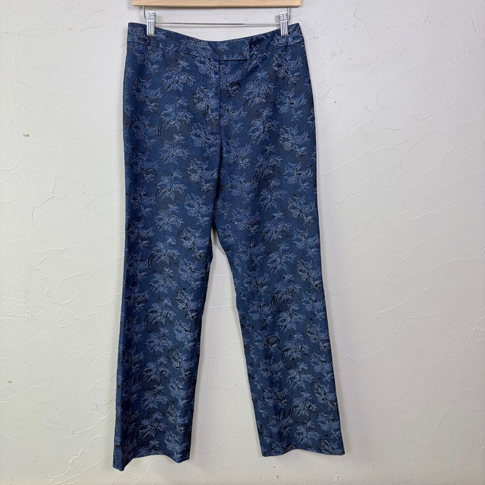 Vintage Harolds Floral Trousers Womens 8 Blue Straight Leg Rose Print Boho Chic